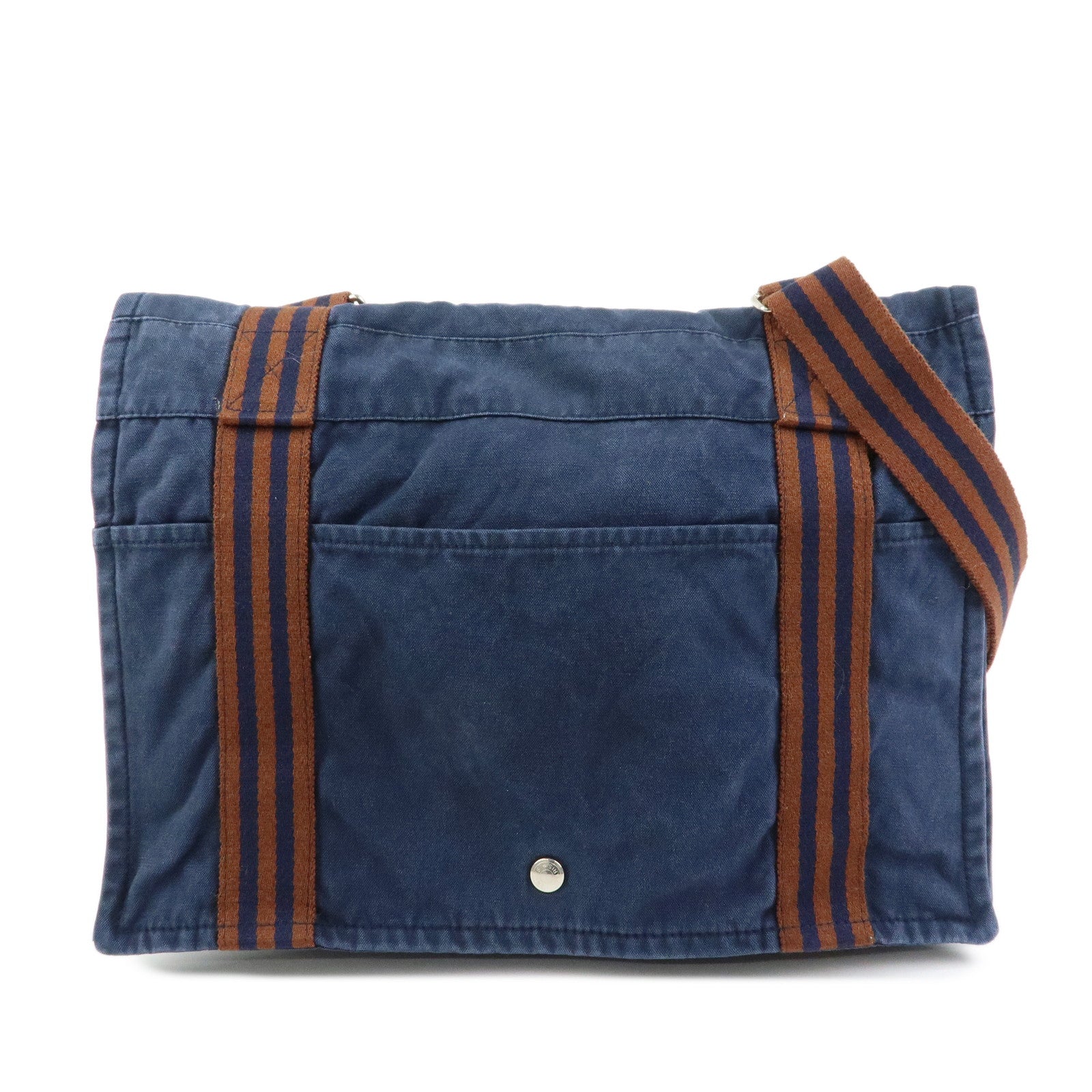 HERMES Besace MM Fourre Tout Canvas Shoulder Crossbody Bag Navy Brown