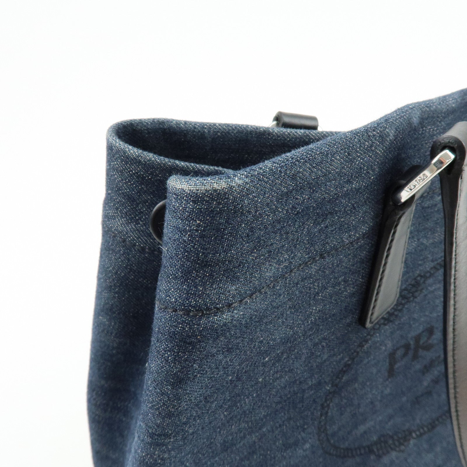 PRADA Logo Denim Leather Tote Bag Shoulder Hand Bag Navy Black 1BG356
