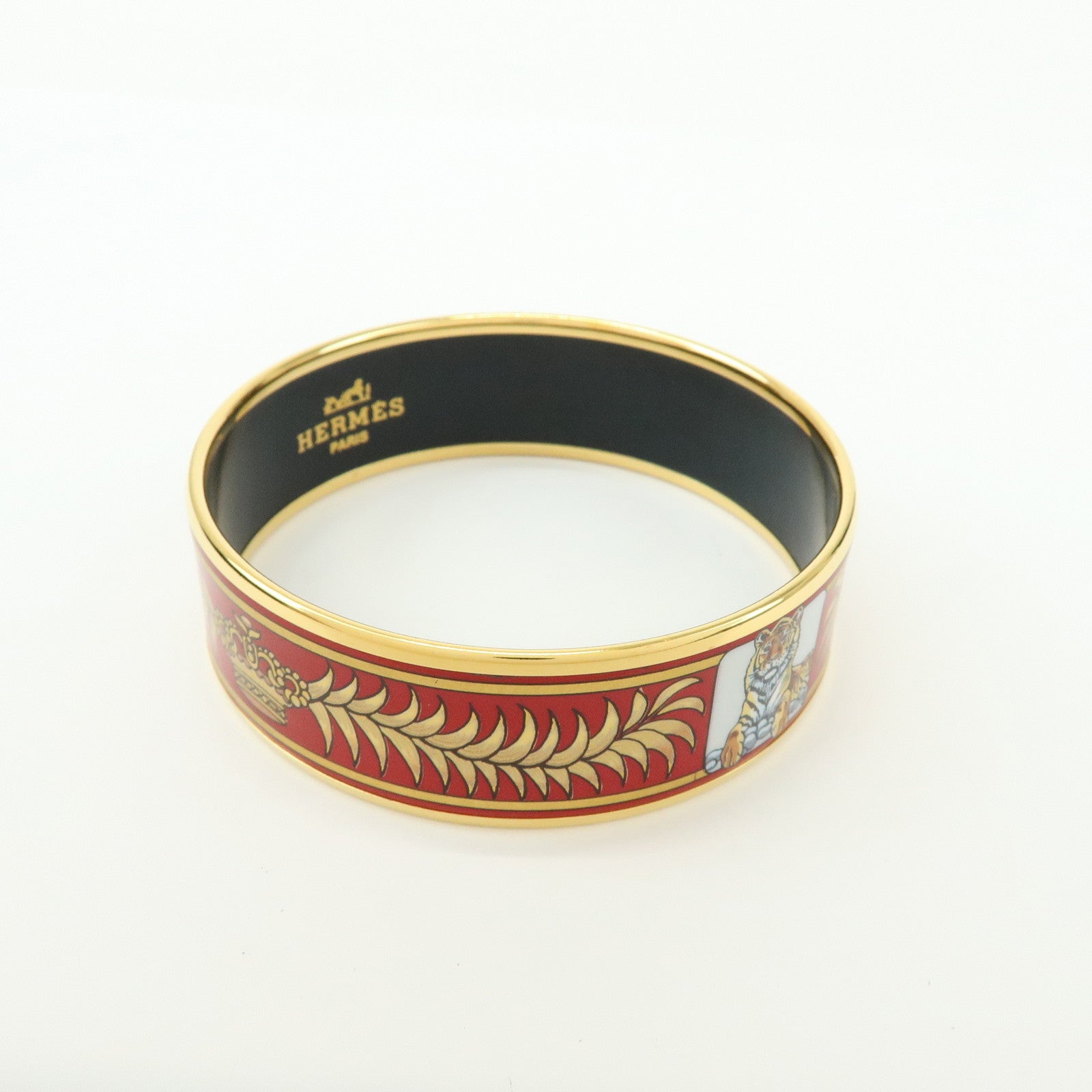 HERMES Email GM Plated Bangle Bracelet Tigre Royal Red Gold