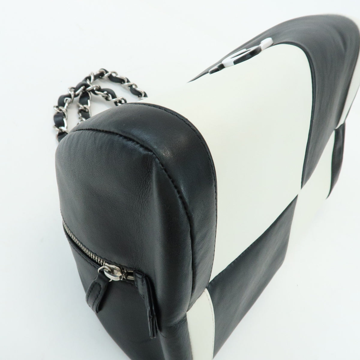 CHANEL COCO Mark Bicolor Lamb Skin Bowling Bag Hand Bag Black White