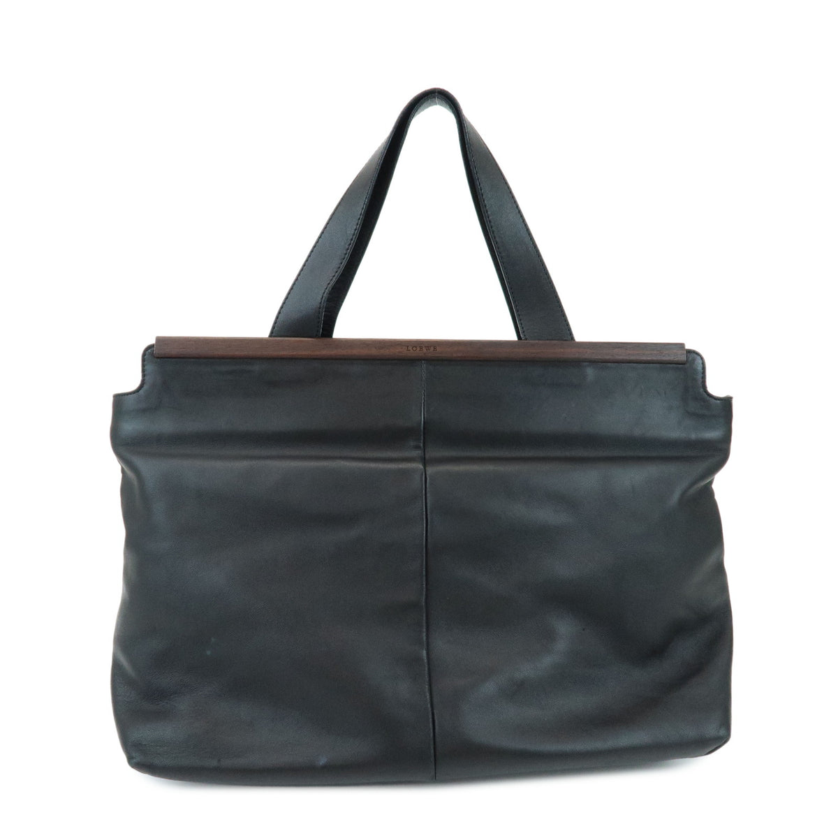 LOEWE Nappa Leather Wood Hand Bag Tote Bag Black Brown