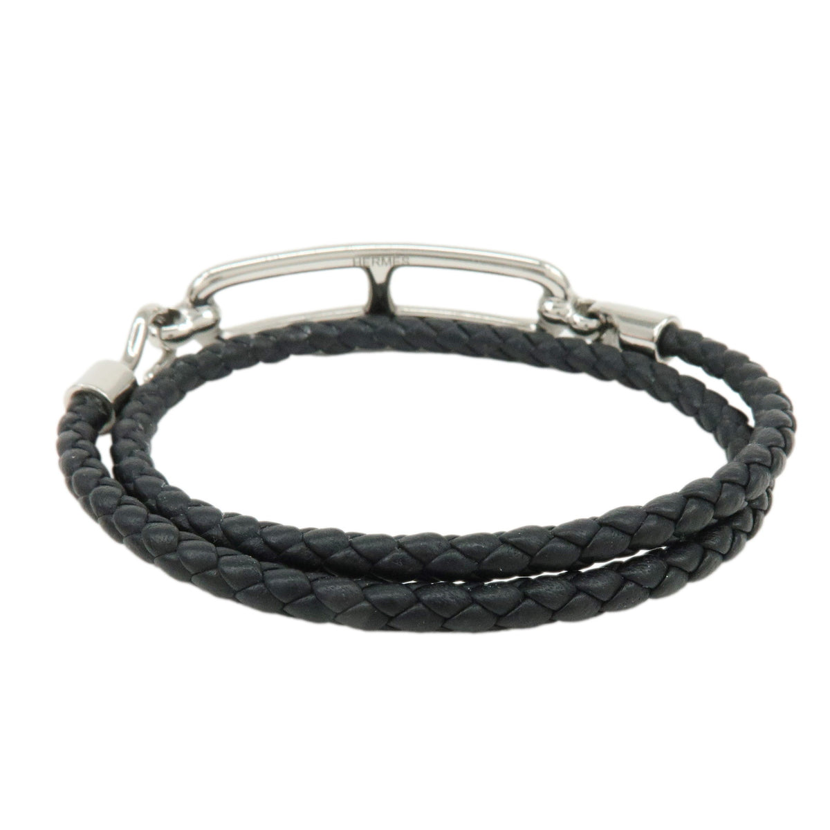 HERMES Veau Swift Leather Roulis Double Tour Bracele Black Silver