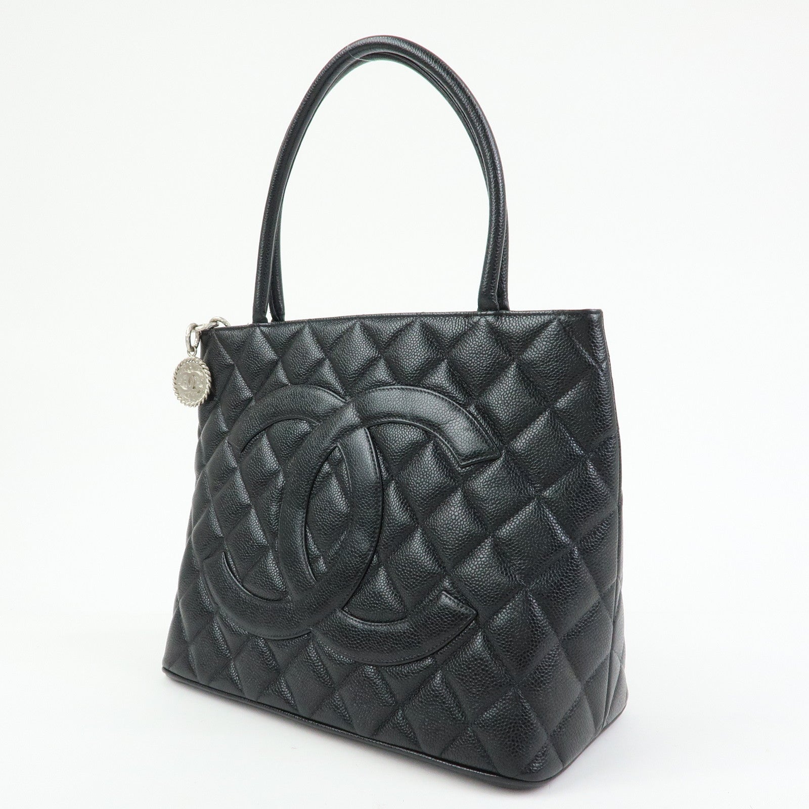 CHANEL Medallion Matelasse COCO Mark Caviarskin Tote Bag Black A01804