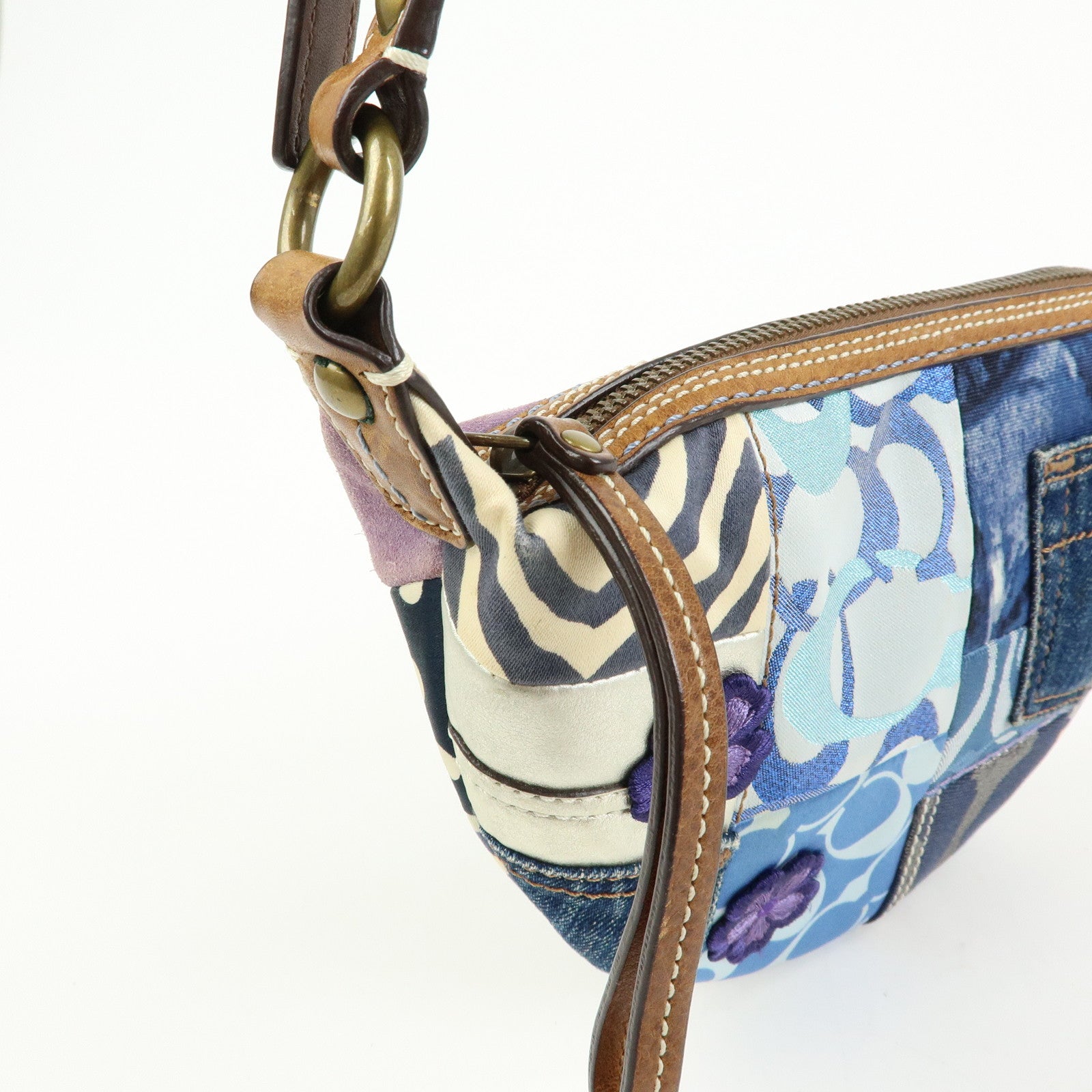 COACH Sigunature Canvas Silk Leather Patchwork Shoulder Bag Blue Brown