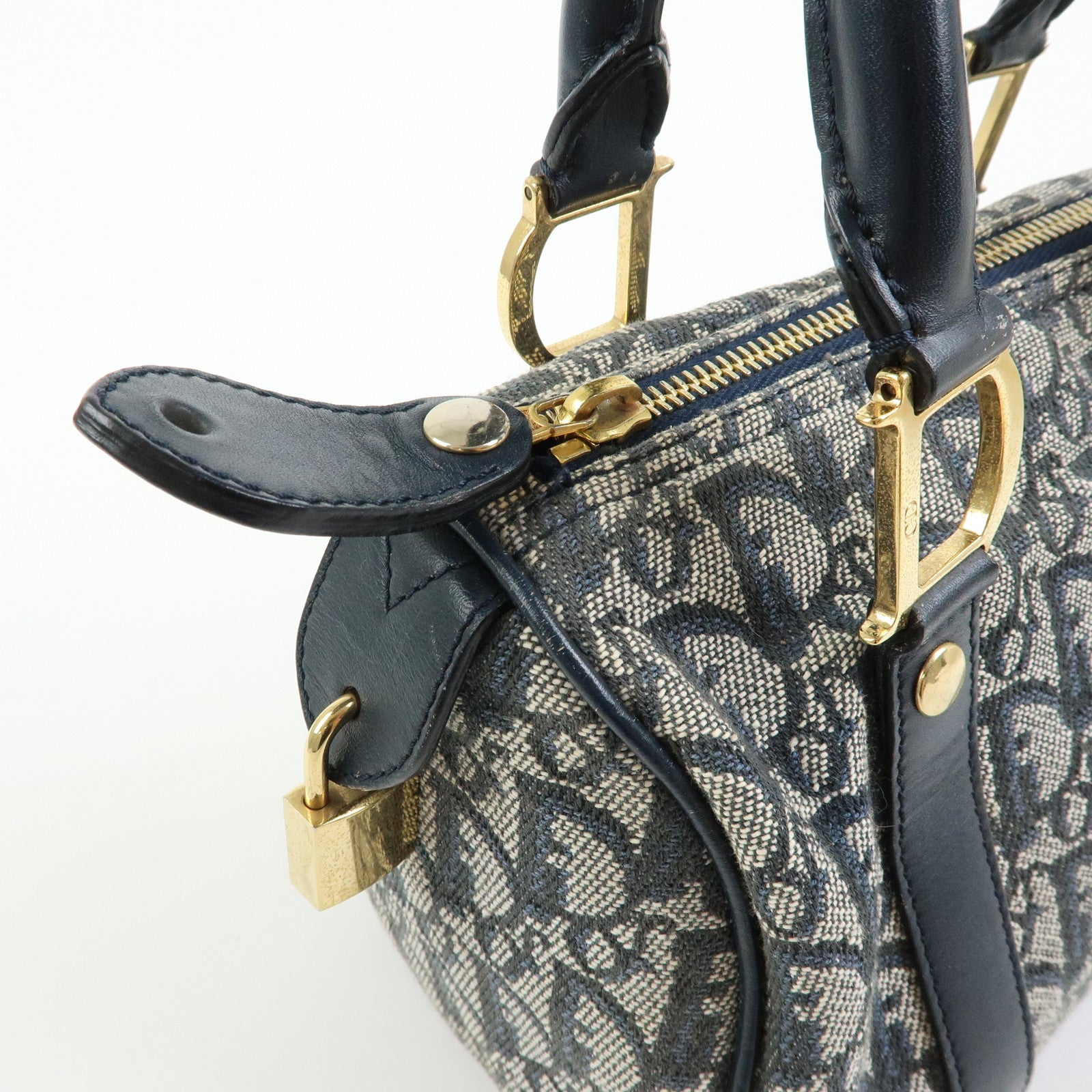 Christian Dior Trottern Jacquard Leather Mini Boston Bag Hand Bag Navy
