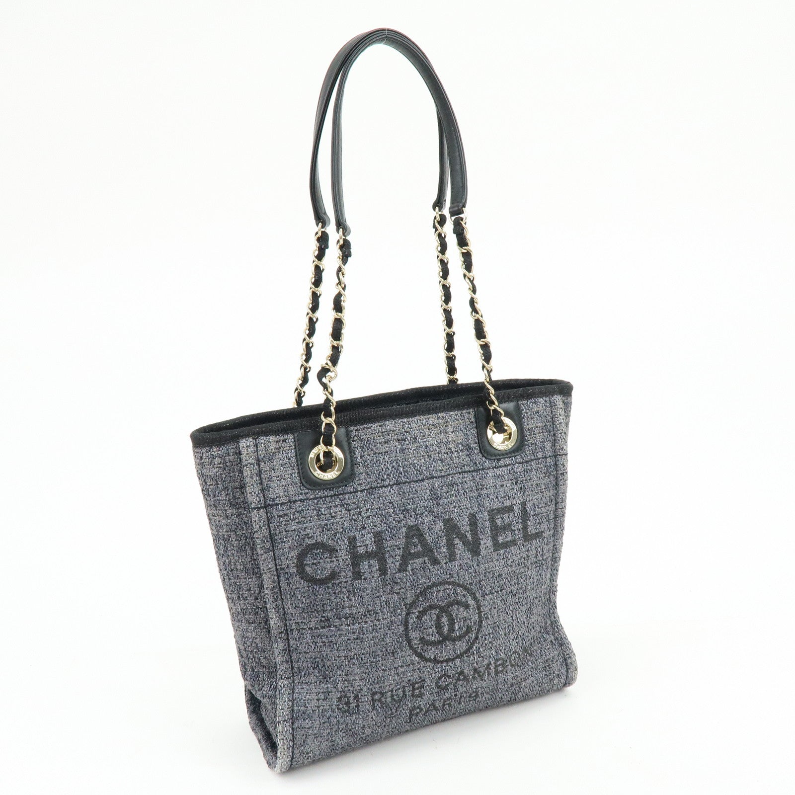 CHANEL Deauville PM Raffia Calf Leather Chain Tote Bag Black A66939