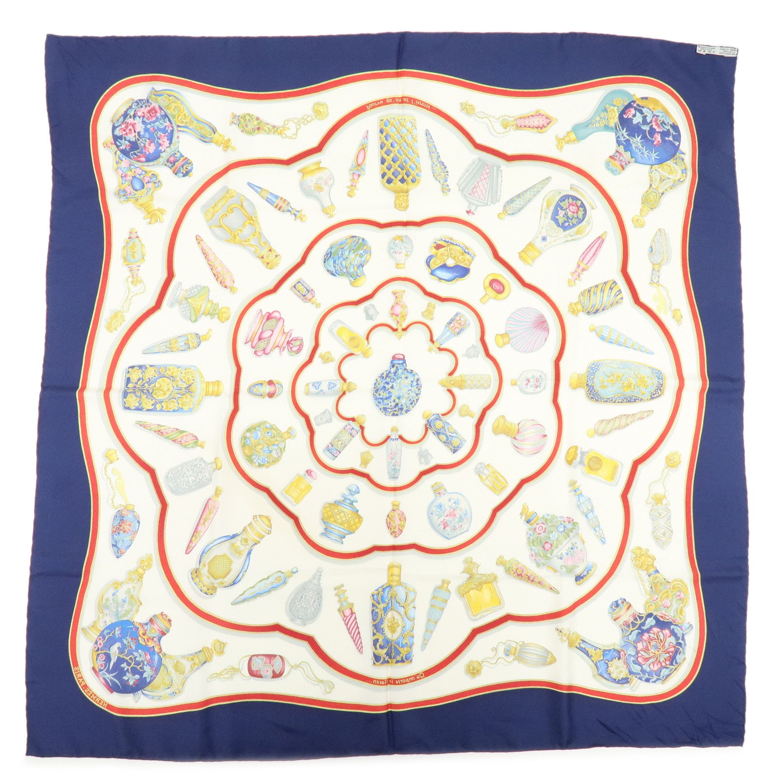 HERMES Carre 90 Silk 100% Scarf Qu'importe le flacon Navy White
