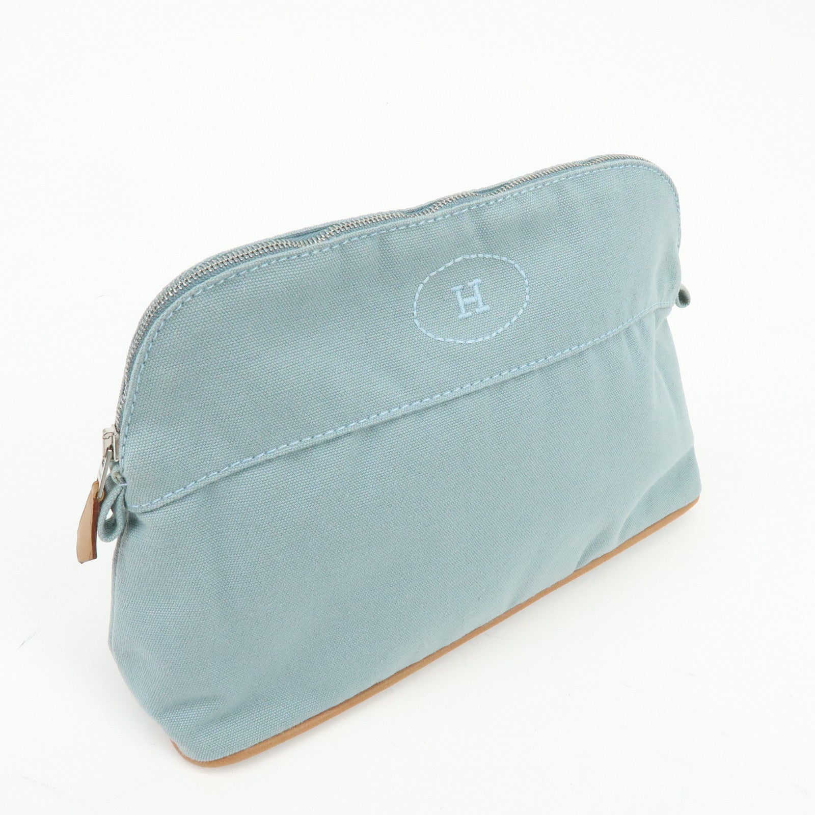 HERMES Bolide Pouch MM Cotton Leather Cosmetic Pouch Light Blue Brown
