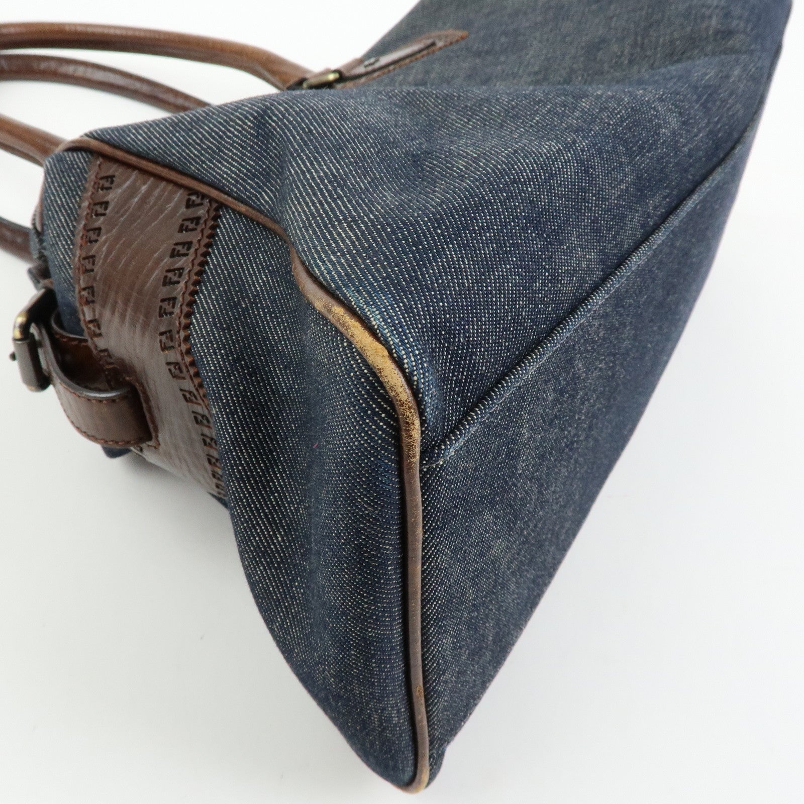 FENDI Etnico Leather Denim Tote Bag Shoulder Bag Brown Blue 8BN162