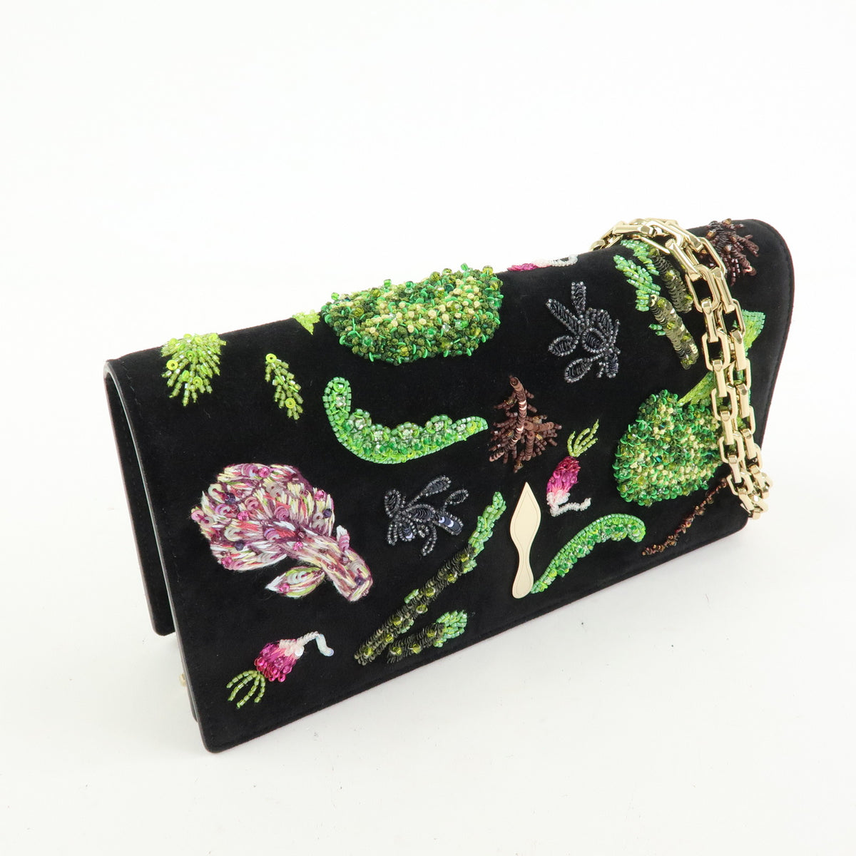 Christian Louboutin Suede Bettina Chain Shoulder Bag Black Green Purple