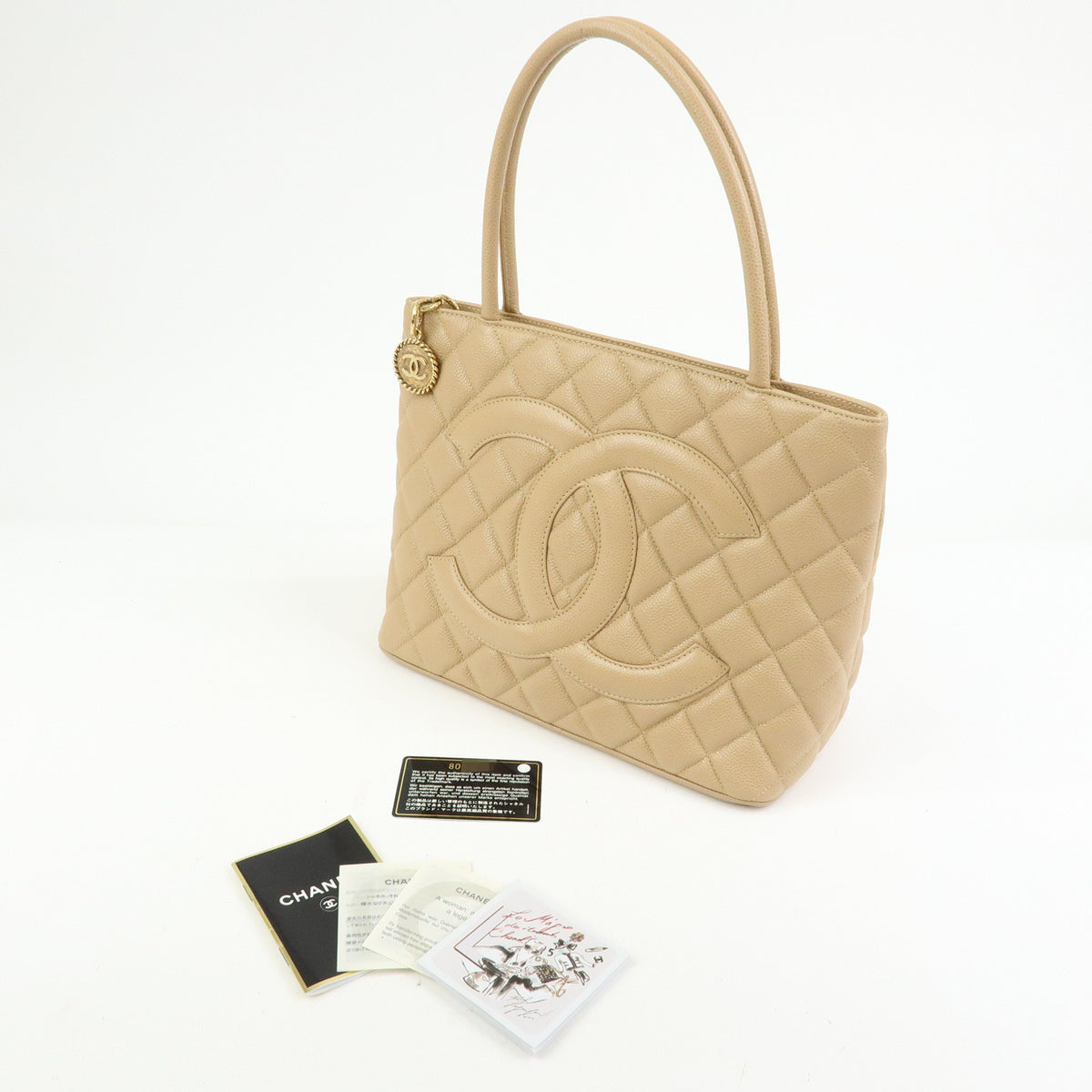 CHANEL Matelasse COCO Mark Caviarskin Medallion Tote Bag Beige A01804