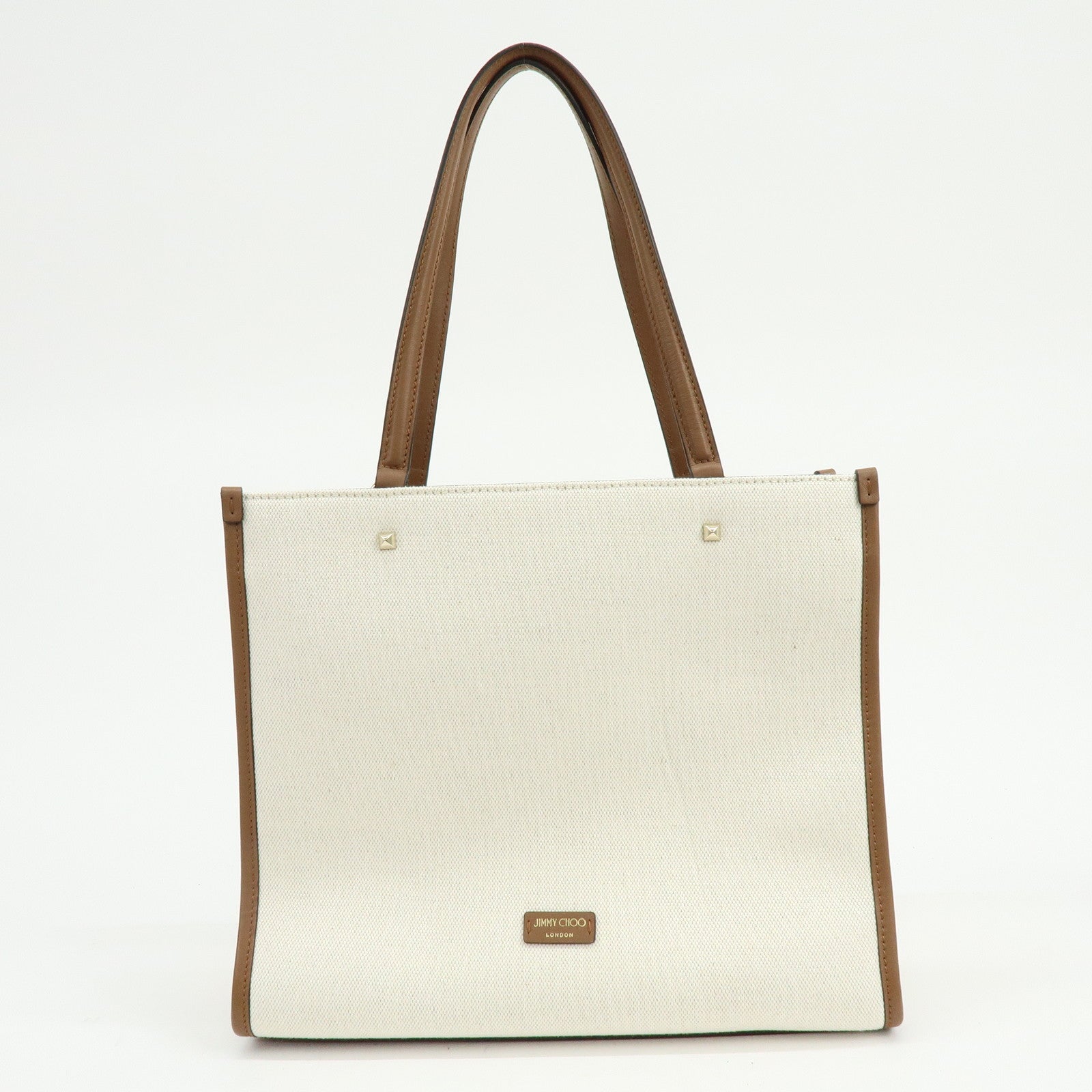 JIMMY CHOO Varennes Canvas Leather Tote Bag Shoulder Bag Ivory Brown
