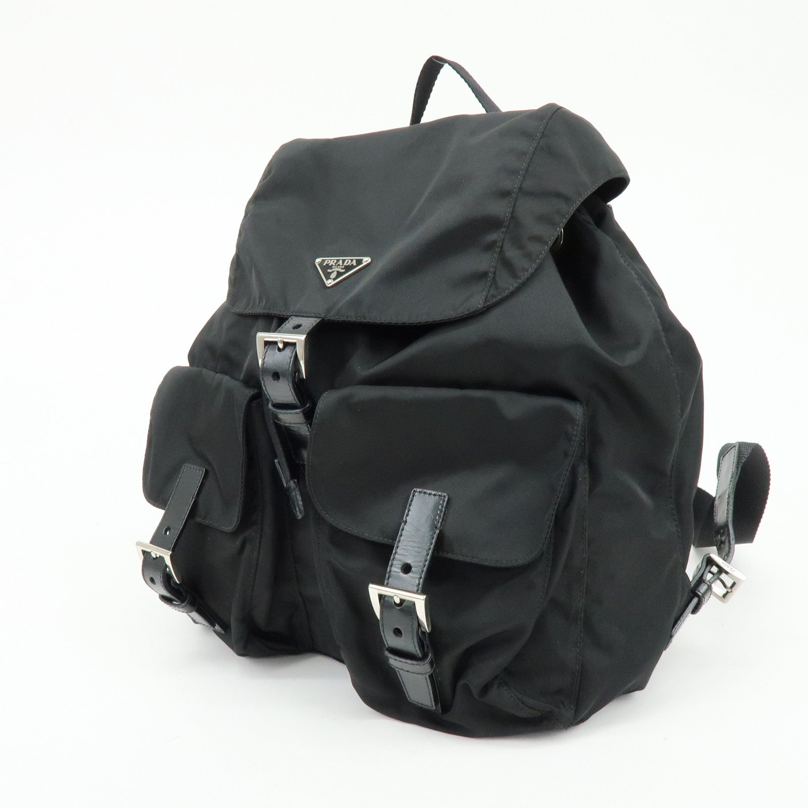 PRADA Triangle Logo Nylon Leather Backpack Rucksack Black BZ2811