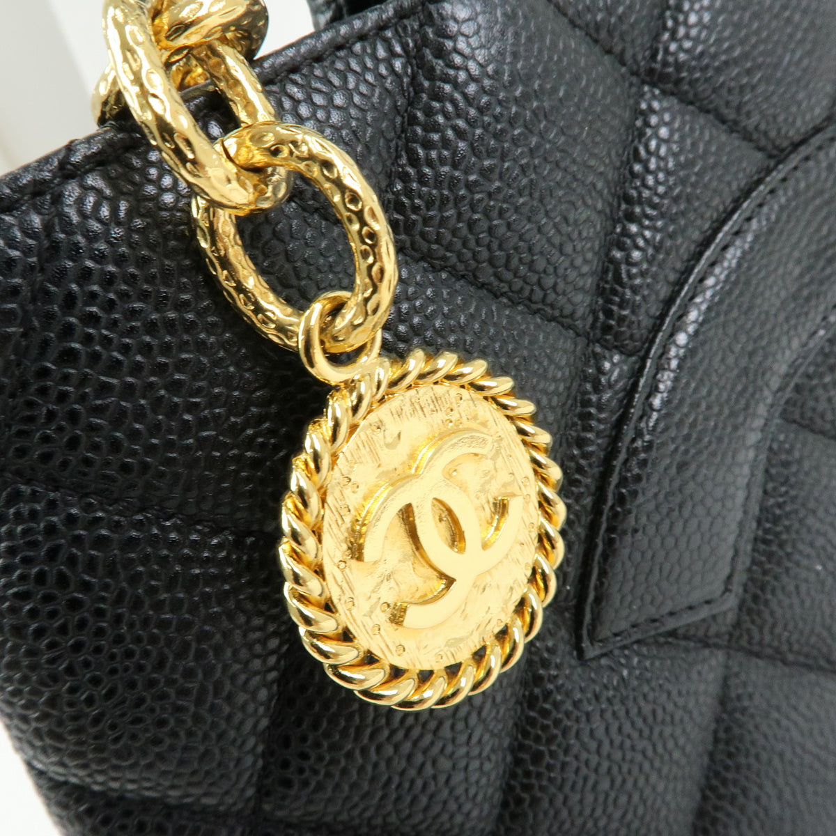 CHANEL Matelasse COCO Mark Caviarskin Medallion Tote Bag Black A01804
