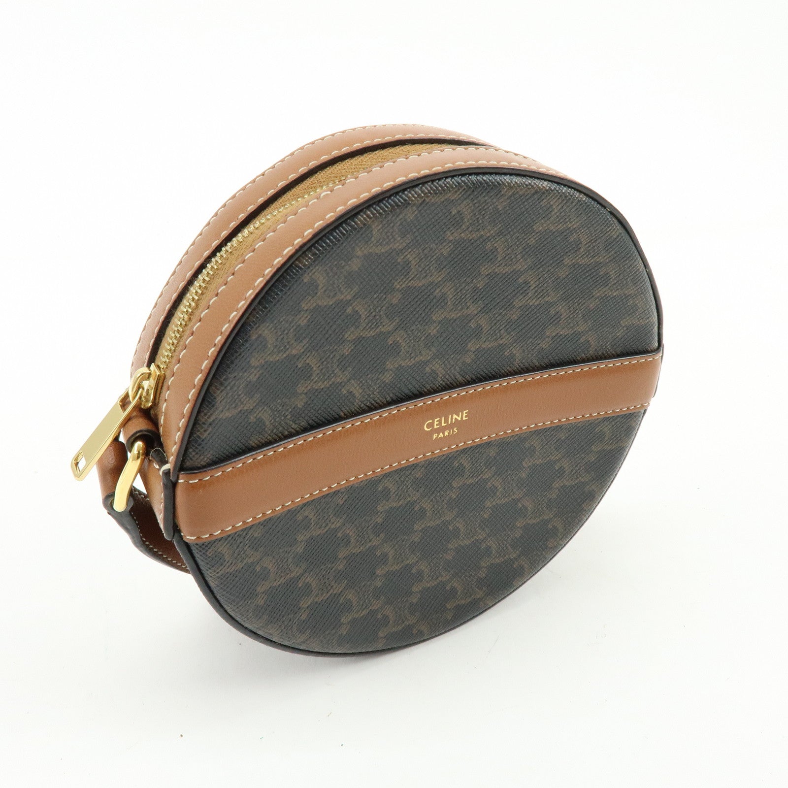 CELINE Triomphe PVC Leather Round Shoulder Bag Round Purse Brown