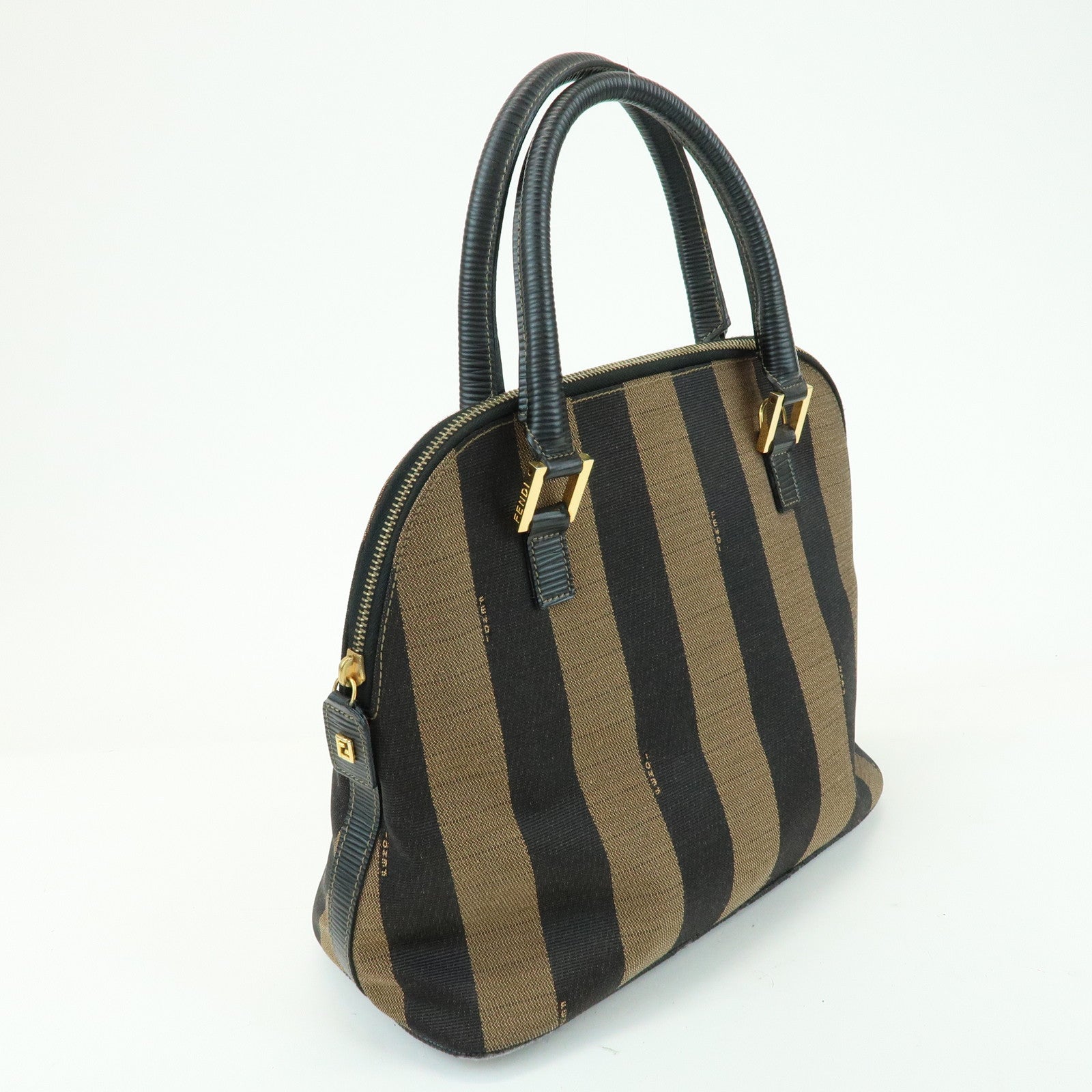 FENDI Pequin Canvas Embossed Leather 2Way Bag Hand Bag Brown