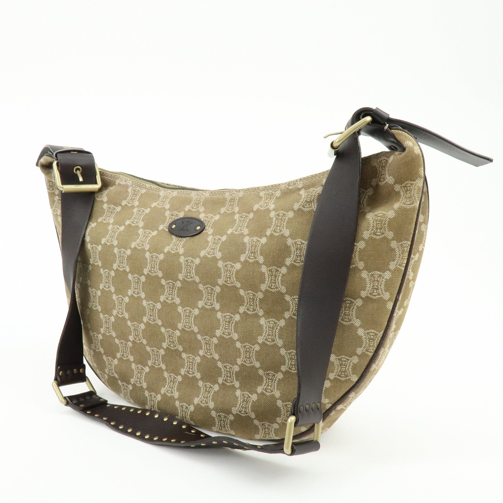CELINE Macadam Canvas Leather Shoulder Bag Crossbody Bag Beige