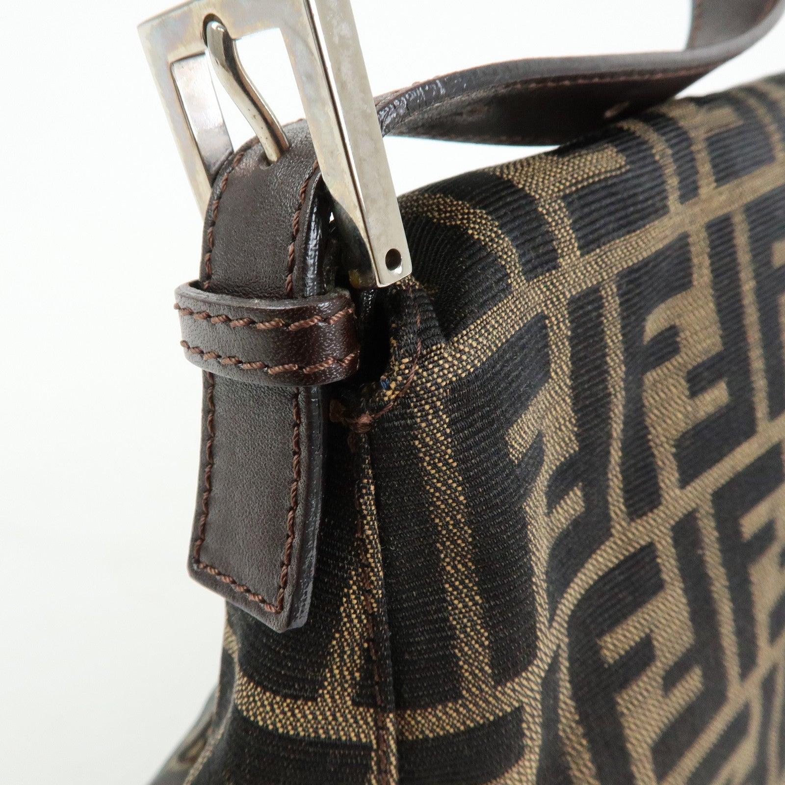 FENDI Mamma Baguette Zucca Canvas Leather Shoulder Bag Brown 26325