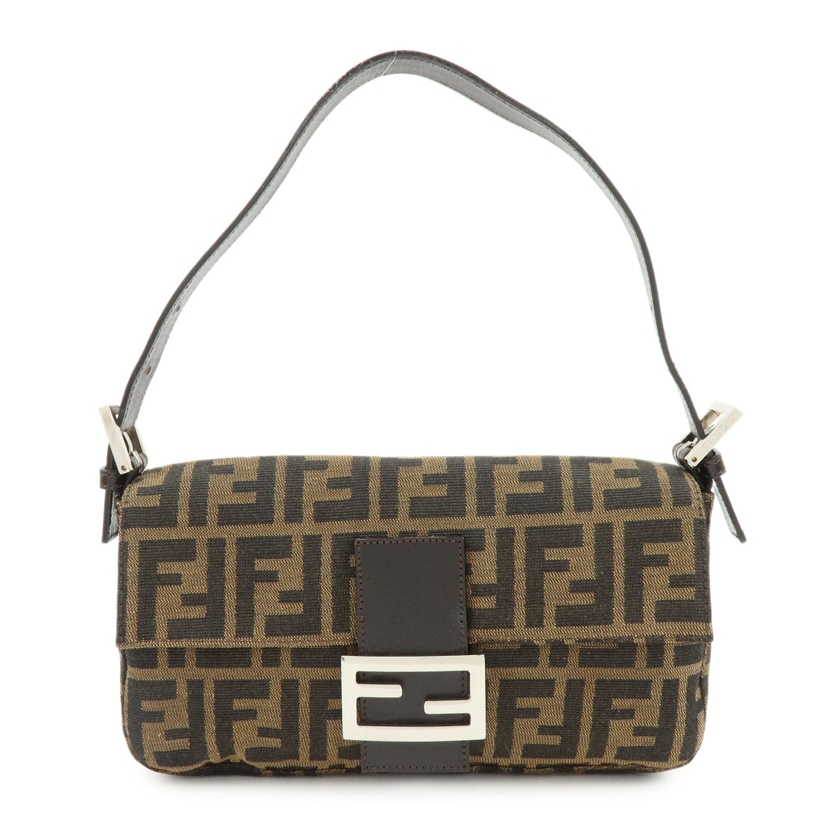 FENDI Mamma Baguette Jacquard Canvas Leather Shoulder Bag Brown 26424