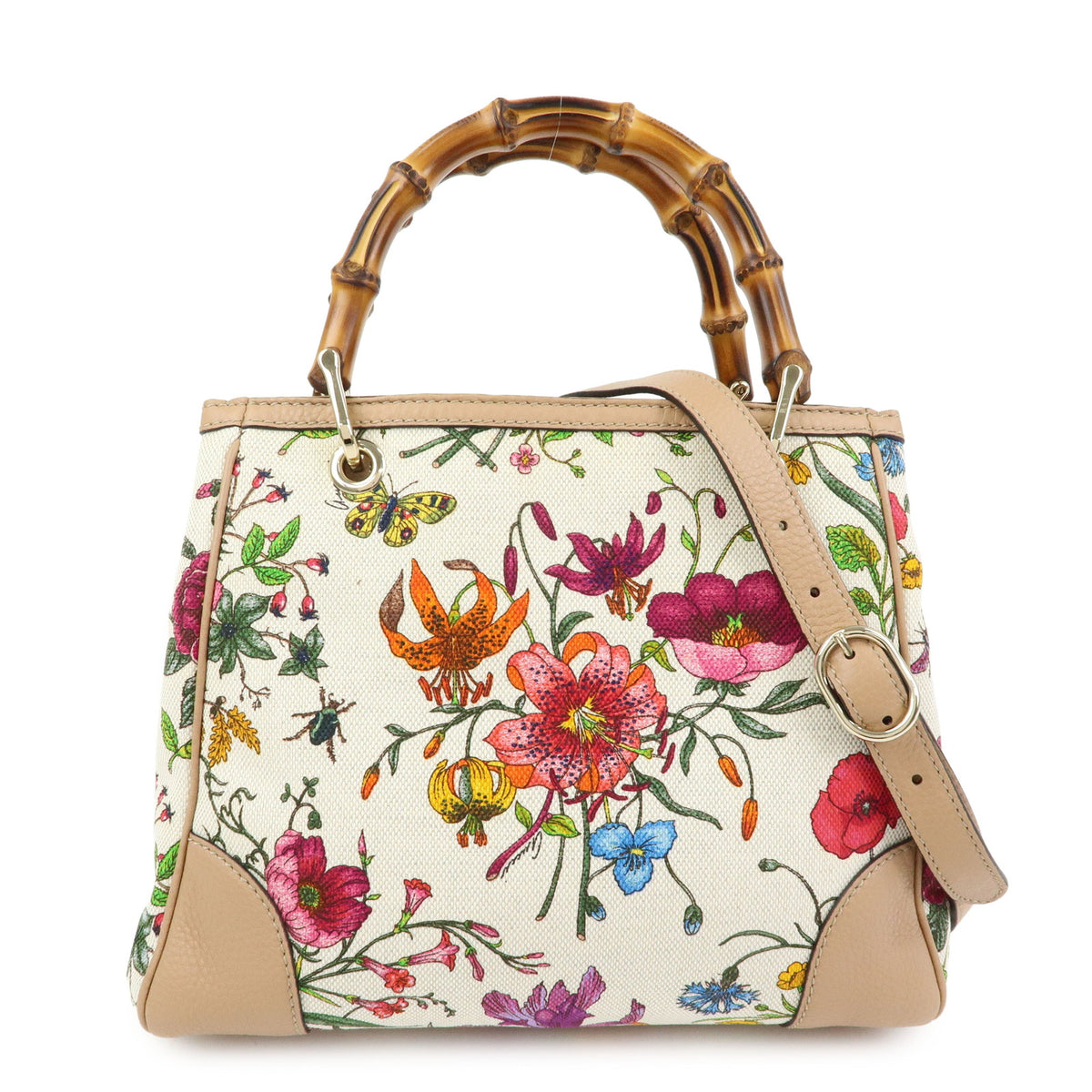 GUCCI Bamboo Flora Canvas Leather 2Way Bag Japan Limited Ivory 336032