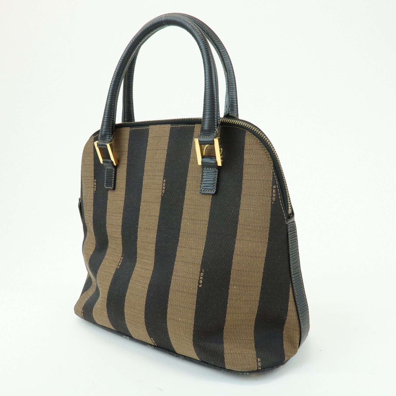 FENDI Pequin Canvas Embossed Leather 2Way Bag Hand Bag Brown