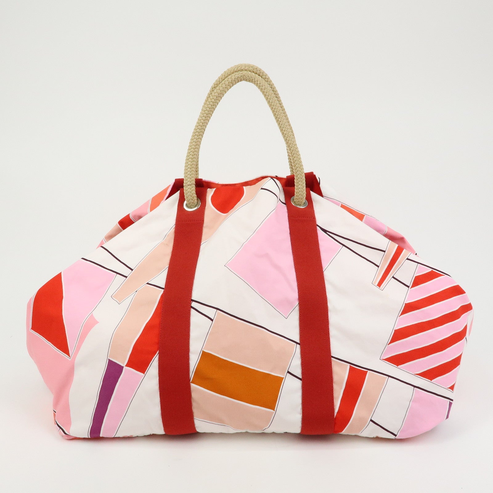 HERMES Cabas Drapeaux Au Vent Cotton Beach Bag Tote Bag Pink Red White