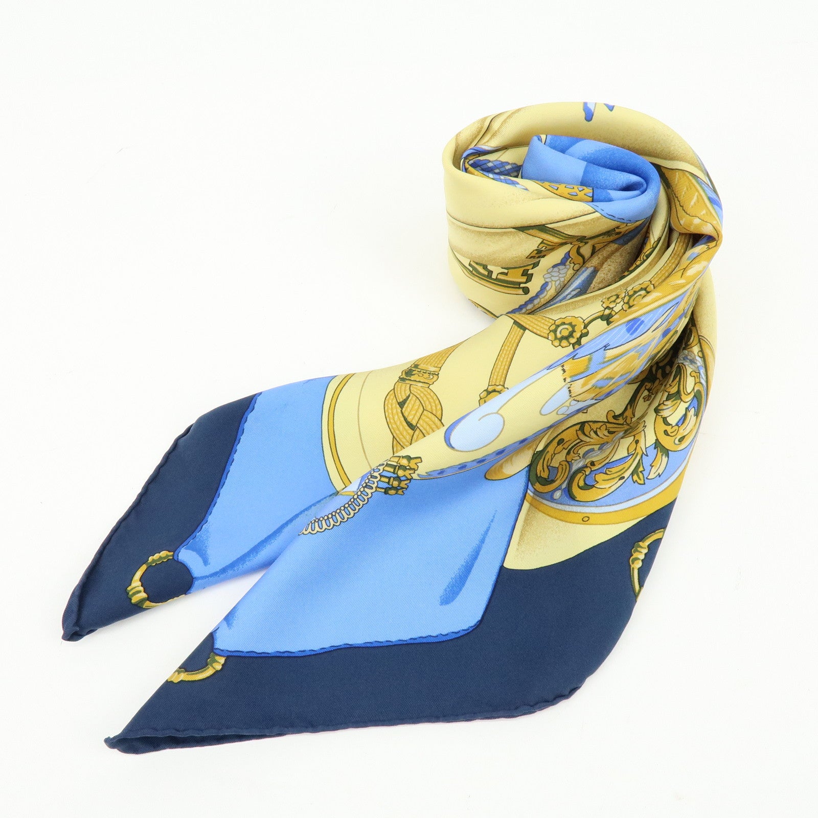 HERMES Carre 90 Silk 100% Scarf Soleil de Soie Blue Navy Yellow
