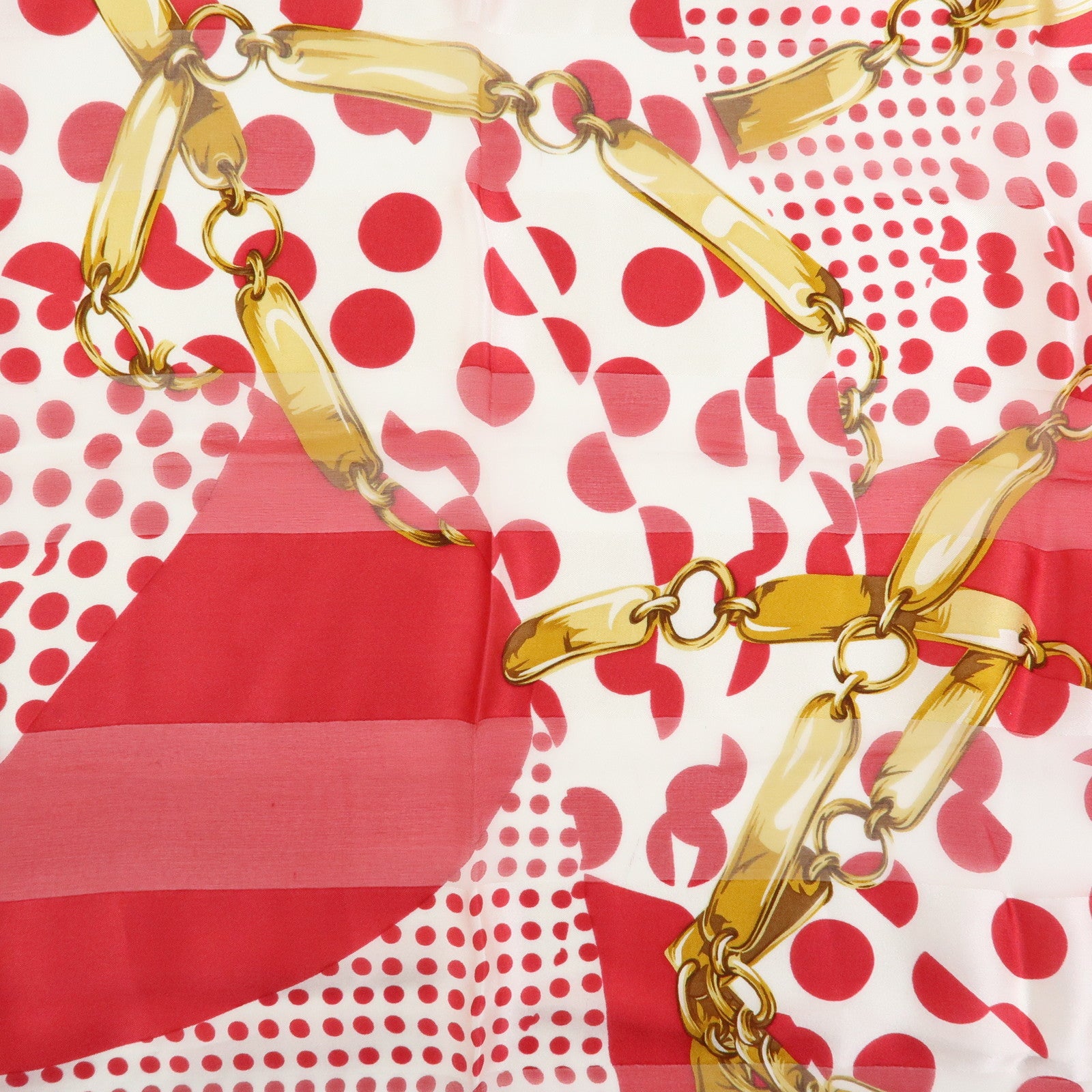Christian Dior Silk 100% Scarf Chain Motif Dots Red White Gold