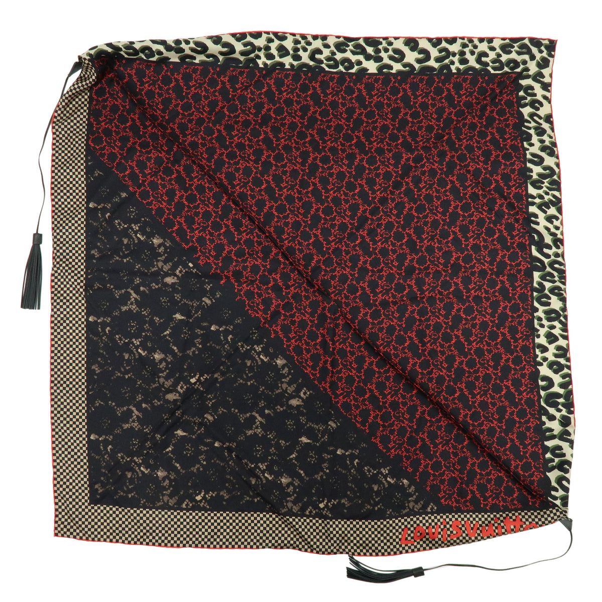 Louis Vuitton Silk 100% Calf Skin Scarf Bandana Tassel Black Red