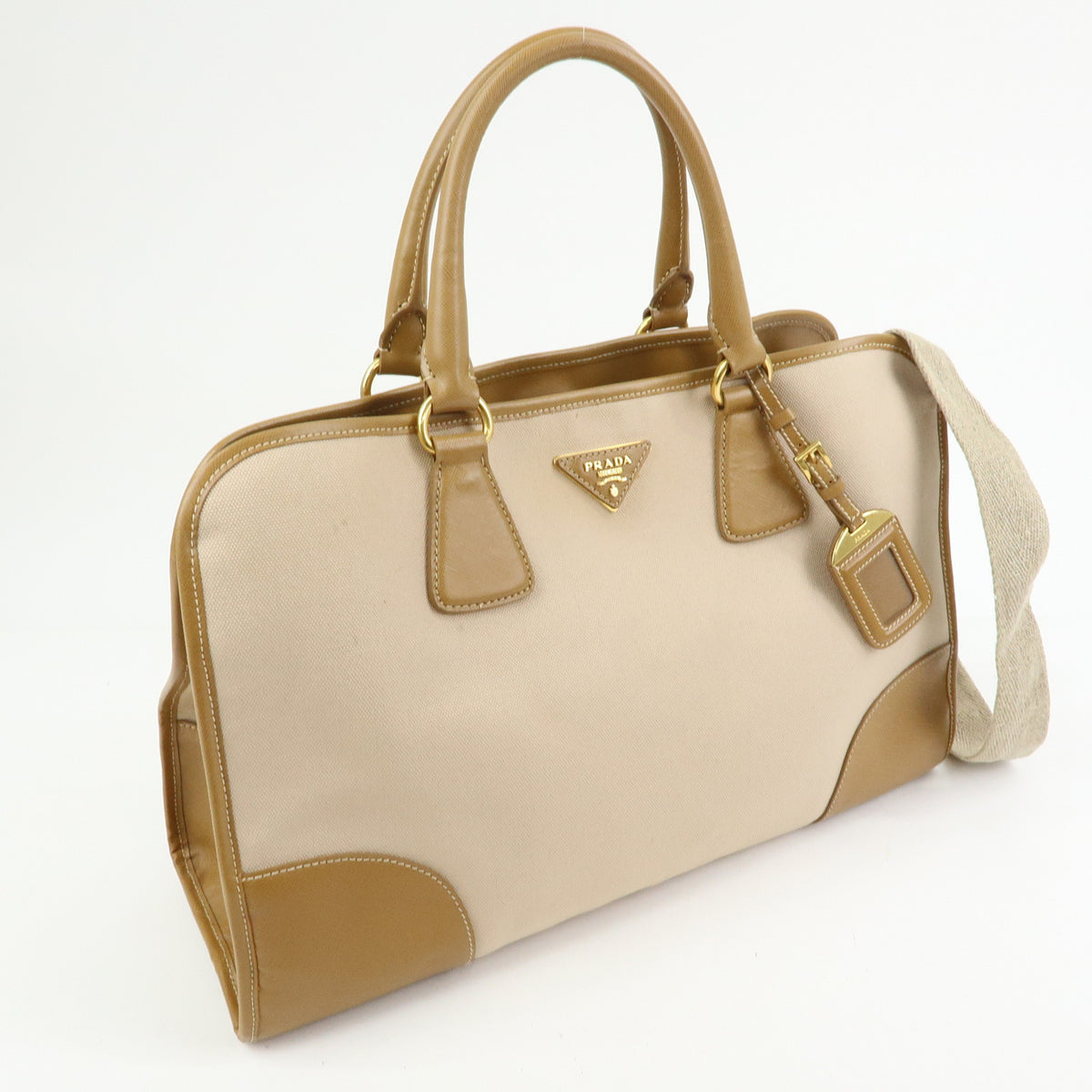 PRADA Triangle Logo Canapa City Canvas Saffiano Leather 2Way Bag Beige