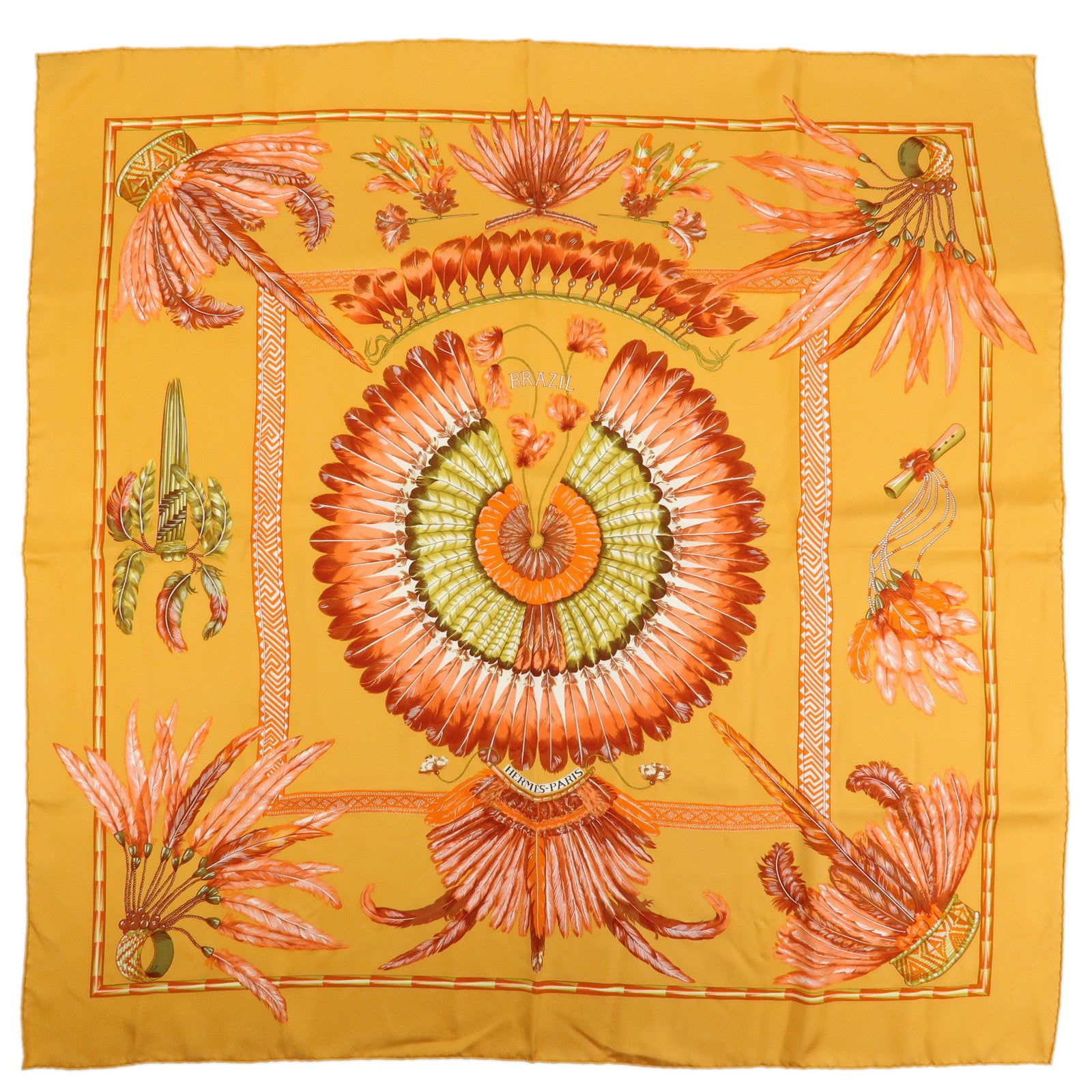 HERMES Carre 90 Silk 100% Scarf BRAZIL Orange Khaki