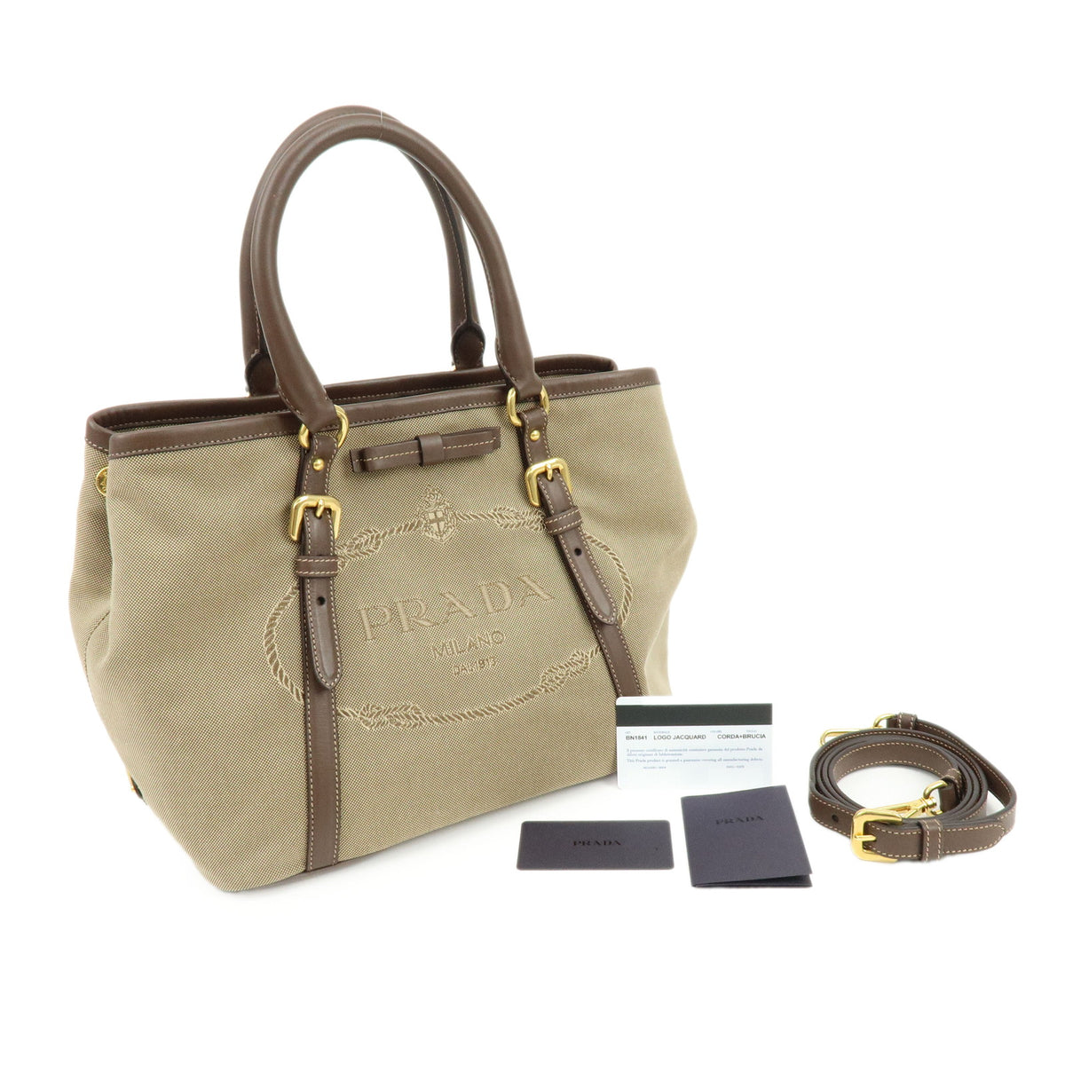 PRADA Triangle Logo Jaquard Canvas Leather 2Way Tote Bag Brown BN1841