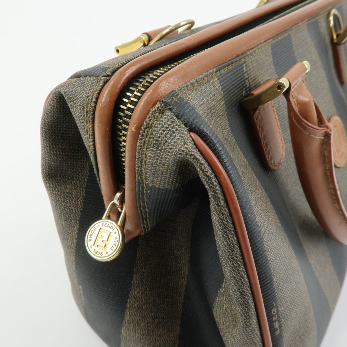 FENDI Pequin PVC Leather Boston Bag Hand Bag Brown Beige Black