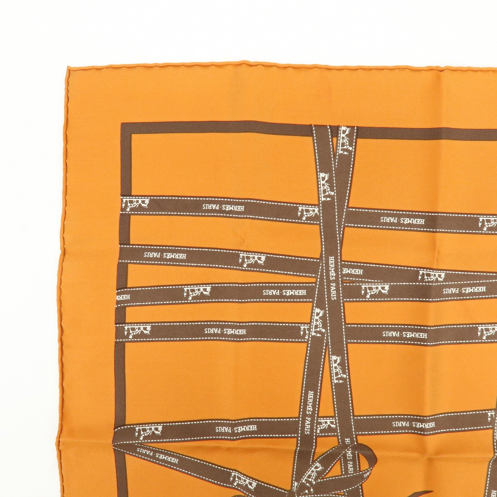 HERMES Carre 45 Bolduc Silk 100% Scarf Ribbon Pattern Orange Brown
