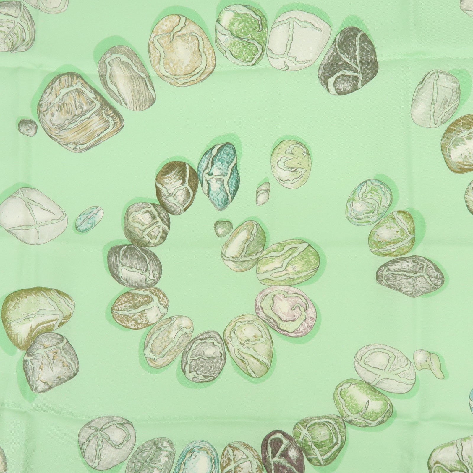 HERMES Carre 90 Silk 100% Scarf APHORISME Pebble Motif Light Green Gray