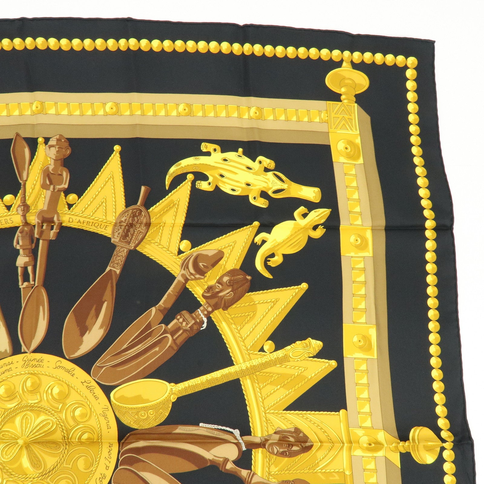 HERMES Carre 90 Silk 100% Scarf CUILLERS D'AFRIQUE Black Gold Brown