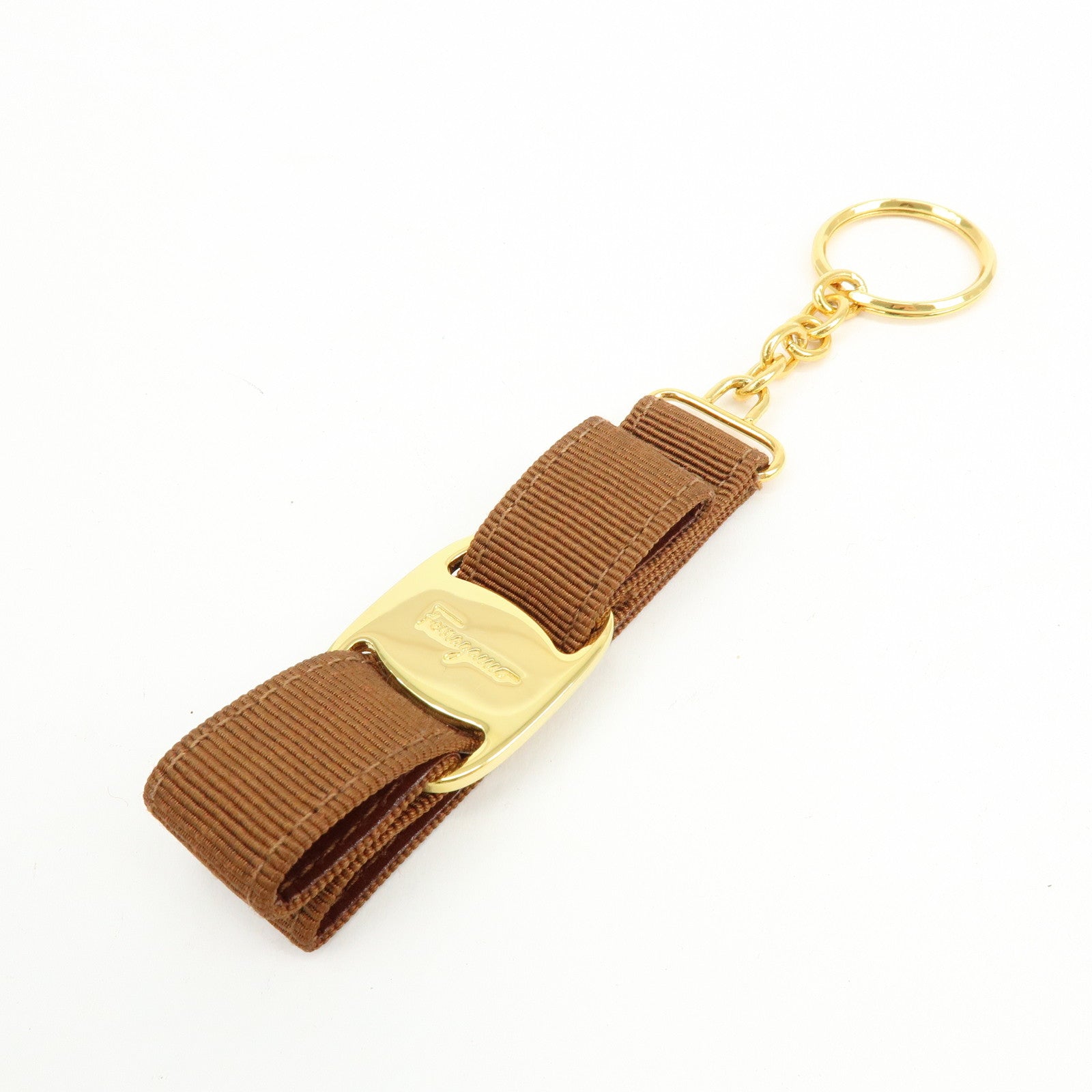 Ferragamo Varra Ribbon Canvas Metal Bag Charm Key holder Brown