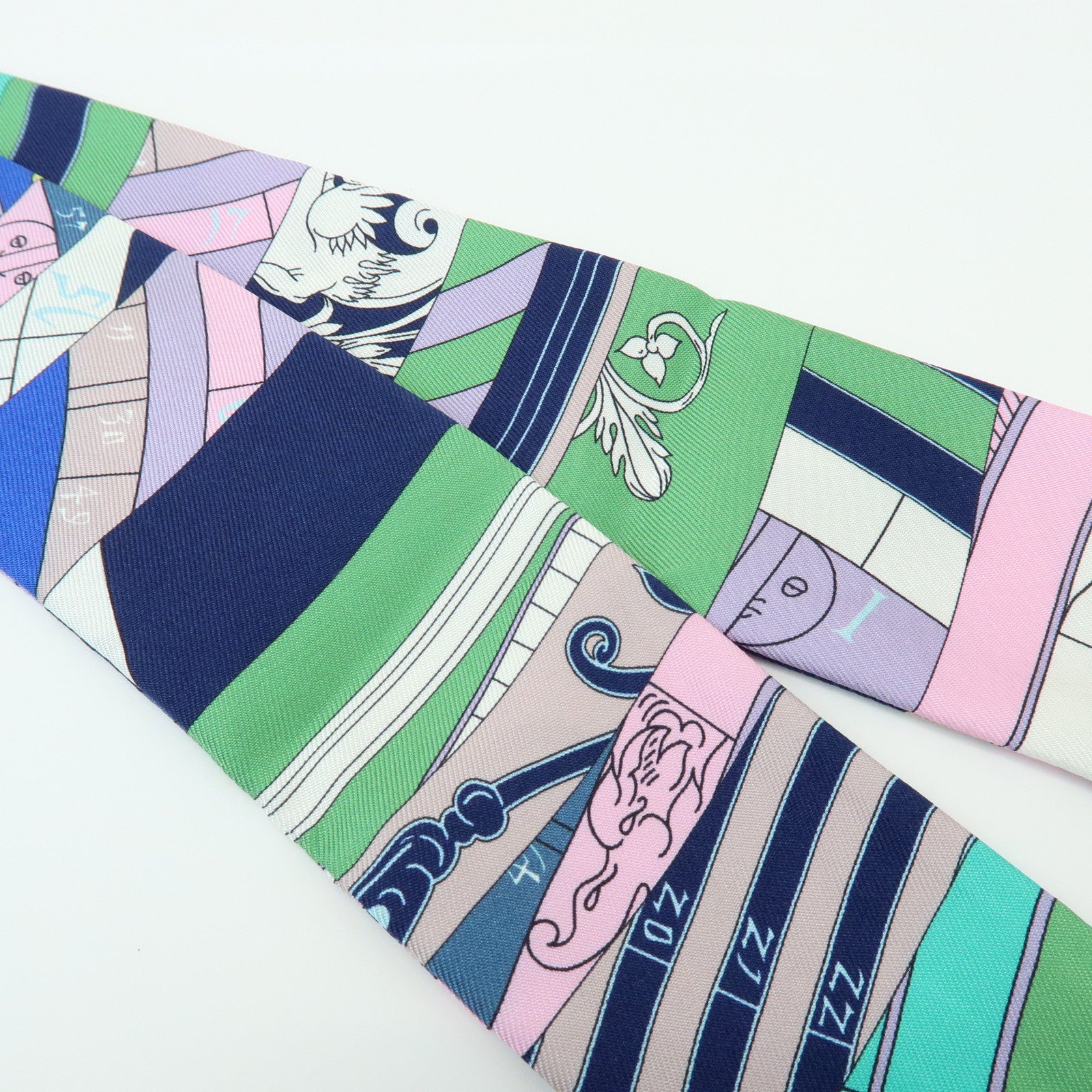 HERMES Twilly Silk 100% Scarf ASTROLOGIE NOUVELLE Green Blue Pink