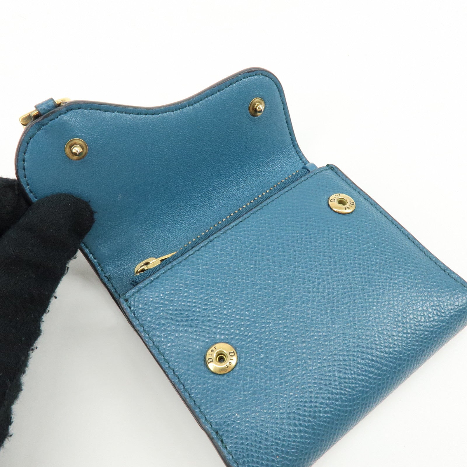 Christian Dior Saddle Leather Tri-Fold Compact Wallet Blue