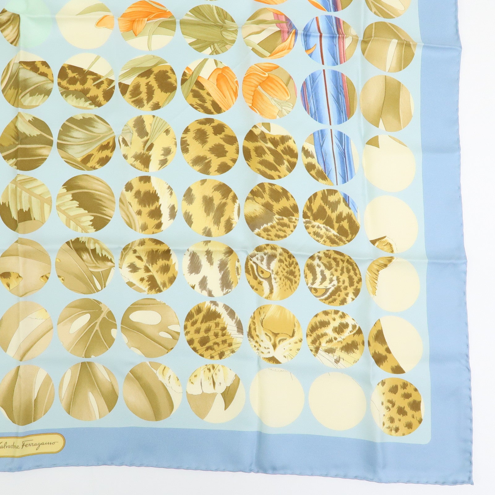 Ferragamo Silk 100% Scarf Leopard Bird Floral Print Light Blue Brown