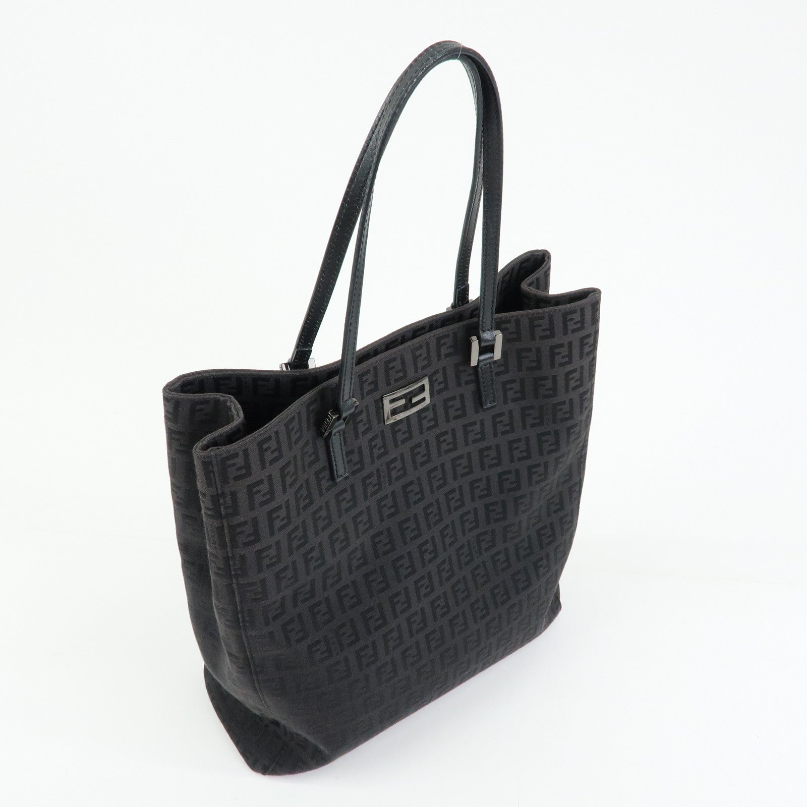 FENDI Zucchino Canvas Leather Tote Hand Bag Black 8BH131