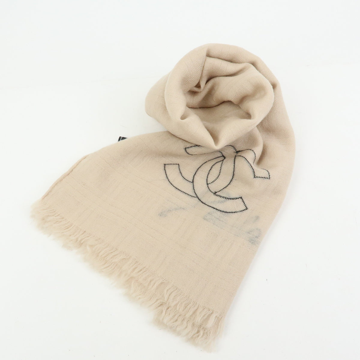 CHANEL COCO Mark Cashmere 100% Scarf Stawl Beige Black