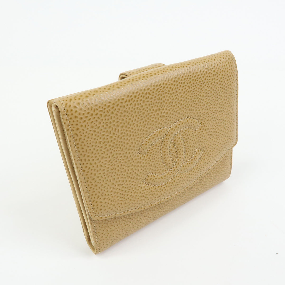 CHANEL COCO Mark Caviarskin W Hook Flap Compact Wallet Beige A13496