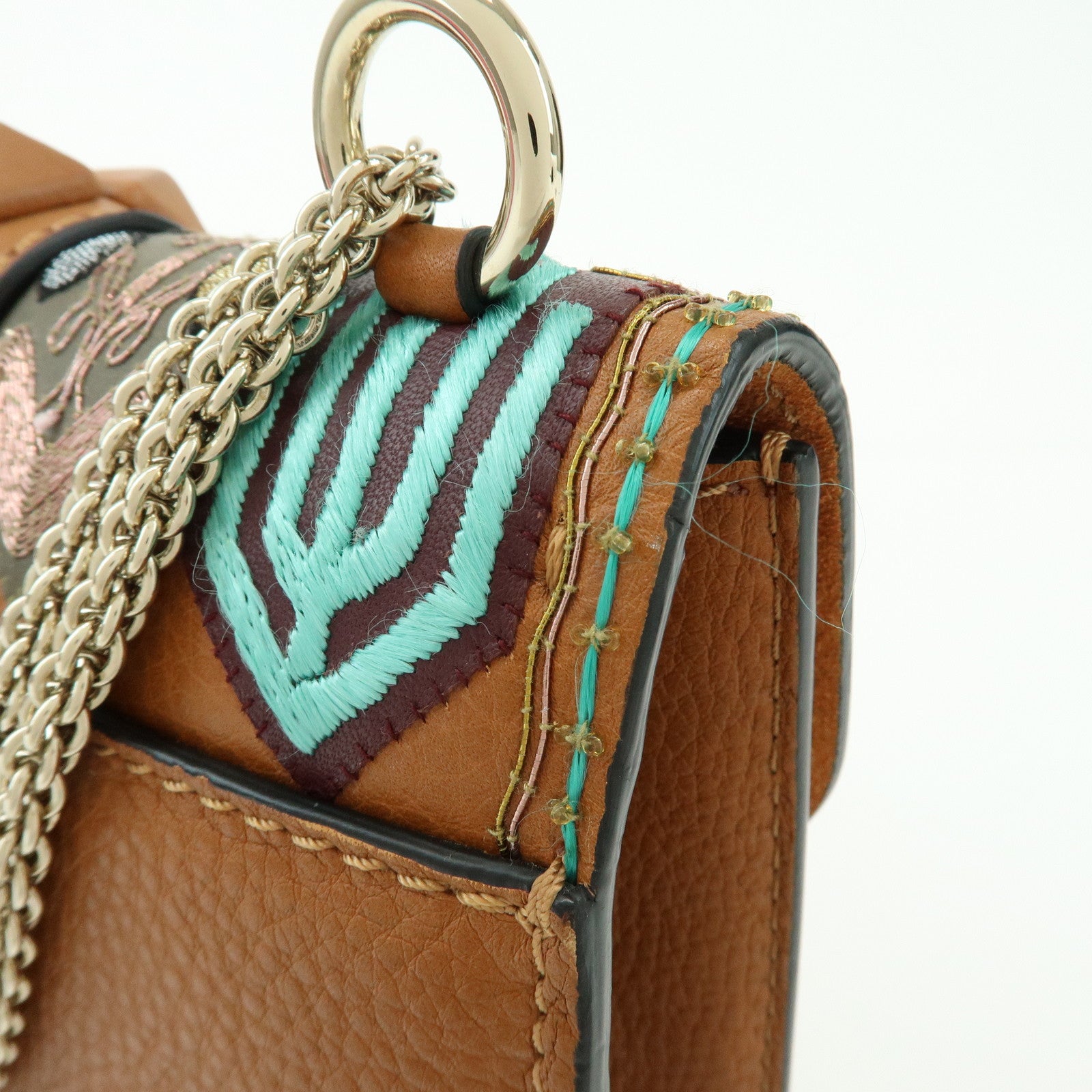 VALENTINO Glam Lock Embroidery Leather Chain Shoulder Bag Brown