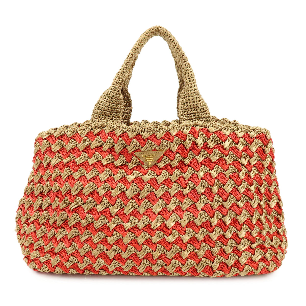 PRADA Canapa Large Triangle Logo Raffia Tote Bag Natural Red BN2302