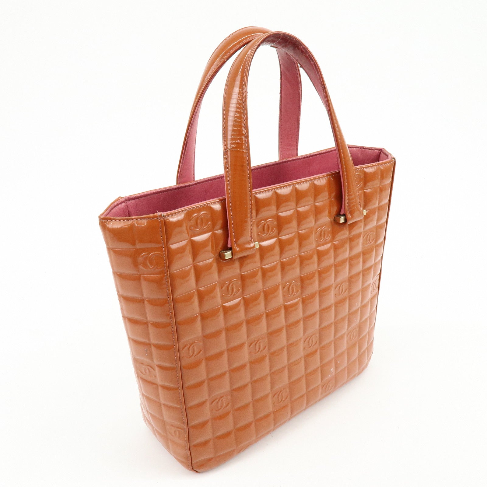 CHANEL Chocolate Bar COCO Mark Patent Leather Hand Bag Tote Bag Orange