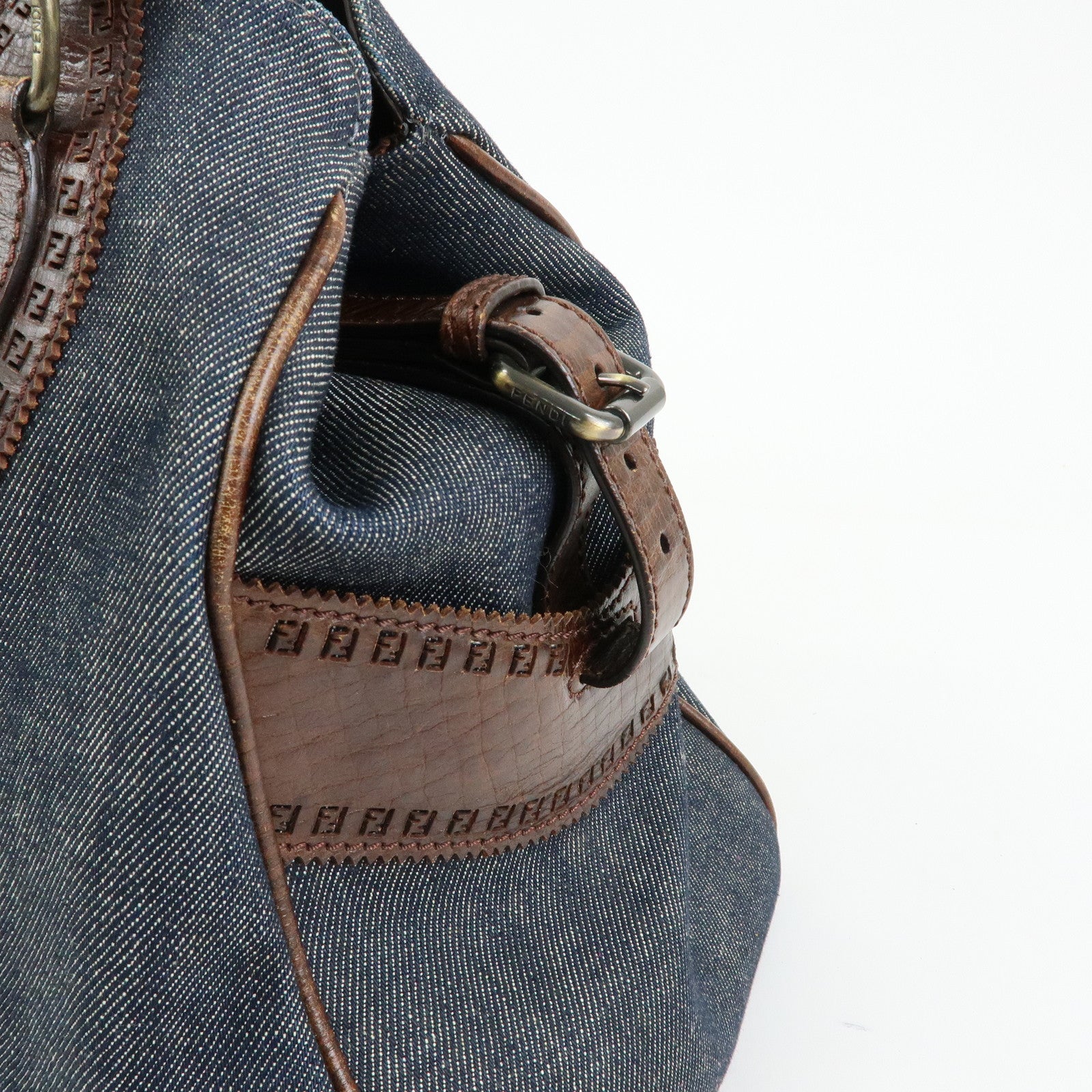 FENDI Etnico Leather Denim Tote Bag Shoulder Bag Brown Blue 8BN162