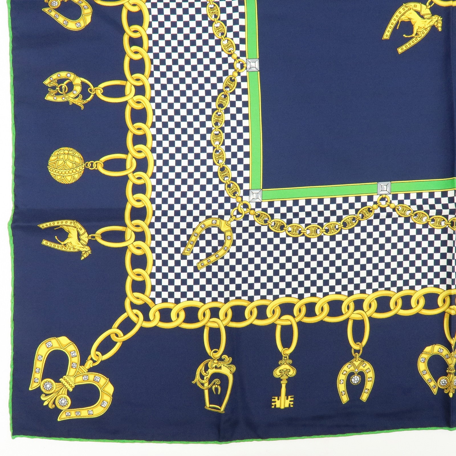 CELINE Set of 2 Silk Cotton Handkerchief Scarf Chain Motif Black Gold