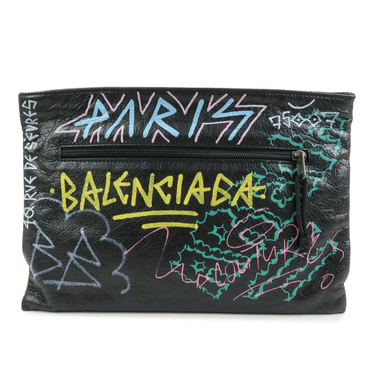 BALENCIAGA Graffiti Leather Clutch Bag Pouch Black Multicolor 459745