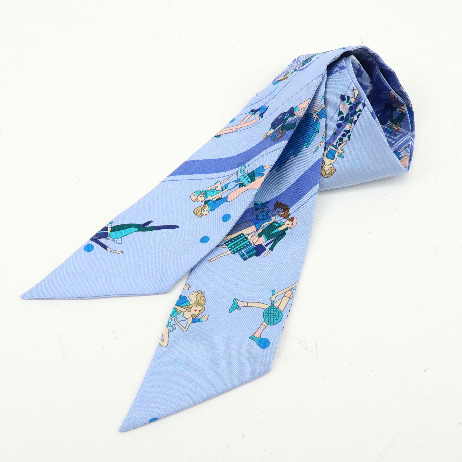HERMES Twilly Silk 100%  Scarf Ex-Libris Les Parisiennes Light Blue